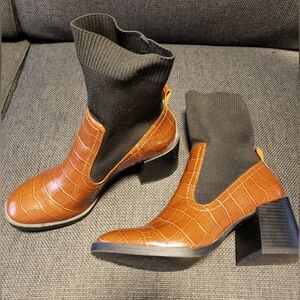 Brown Croc-Embossed Ankle Boots with Black Knit